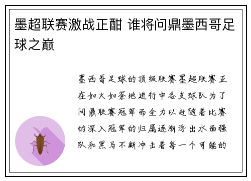 墨超联赛激战正酣 谁将问鼎墨西哥足球之巅