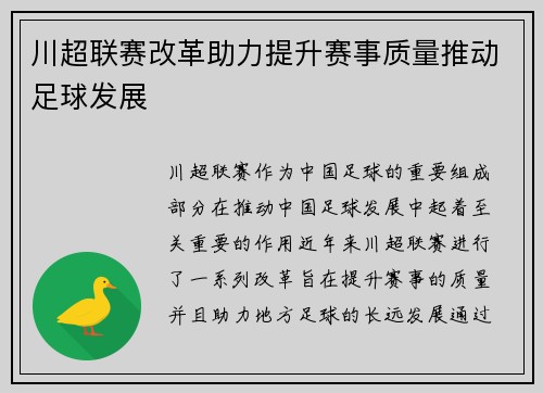 川超联赛改革助力提升赛事质量推动足球发展