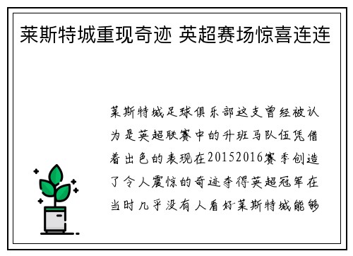 莱斯特城重现奇迹 英超赛场惊喜连连