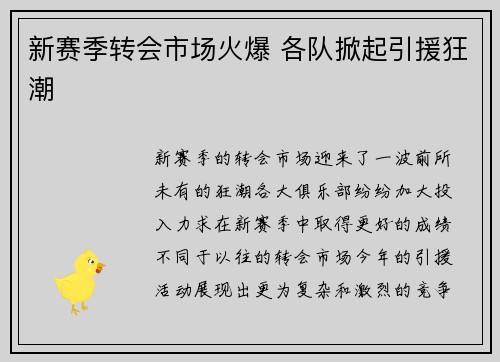新赛季转会市场火爆 各队掀起引援狂潮